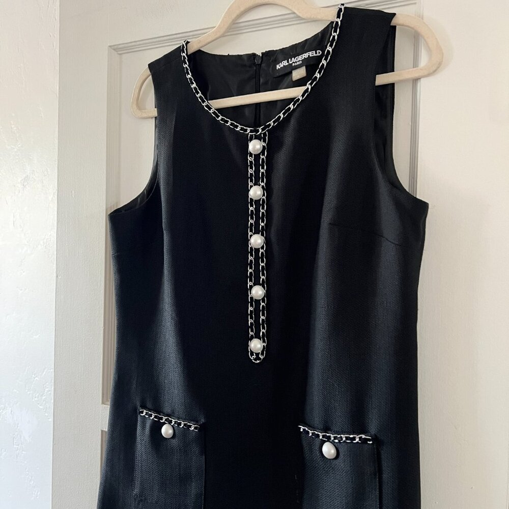 KARL LAGERFELD Black Tweed Chain Pearl Button Sleeveless Sheath Dress size 10